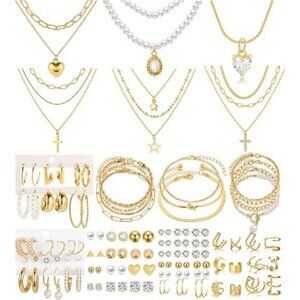 Gold Jewelry Set Women Necklace Bracelet Hoop Earrings Stud Earrings Cuff Set